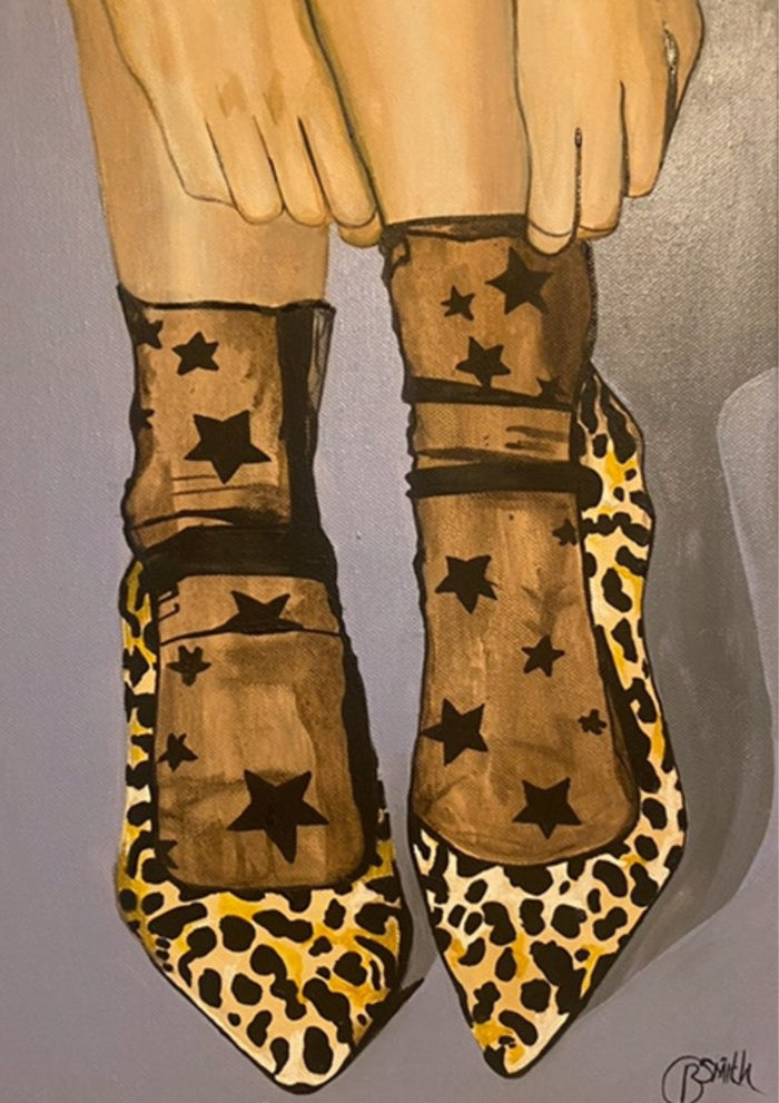 Leopard Heels by Art By Biba - sheer star-printed socks with leopard-print pointed heels on silver grey