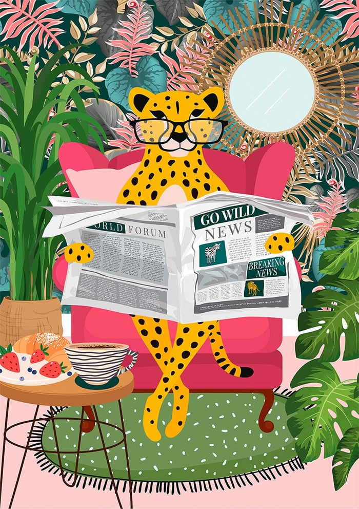 Illustration of a leopard reading Leopard News on a pink chair, surrounded by tropical plants and snacks.