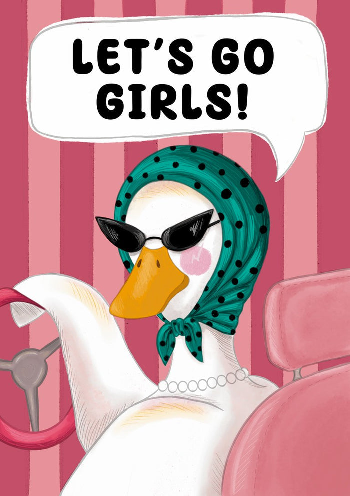 Let's Go Girls by Noomi Rubeksen - a white goose in cat-eye sunglasses and a teal polka-dot headscarf at a pink steering wheel