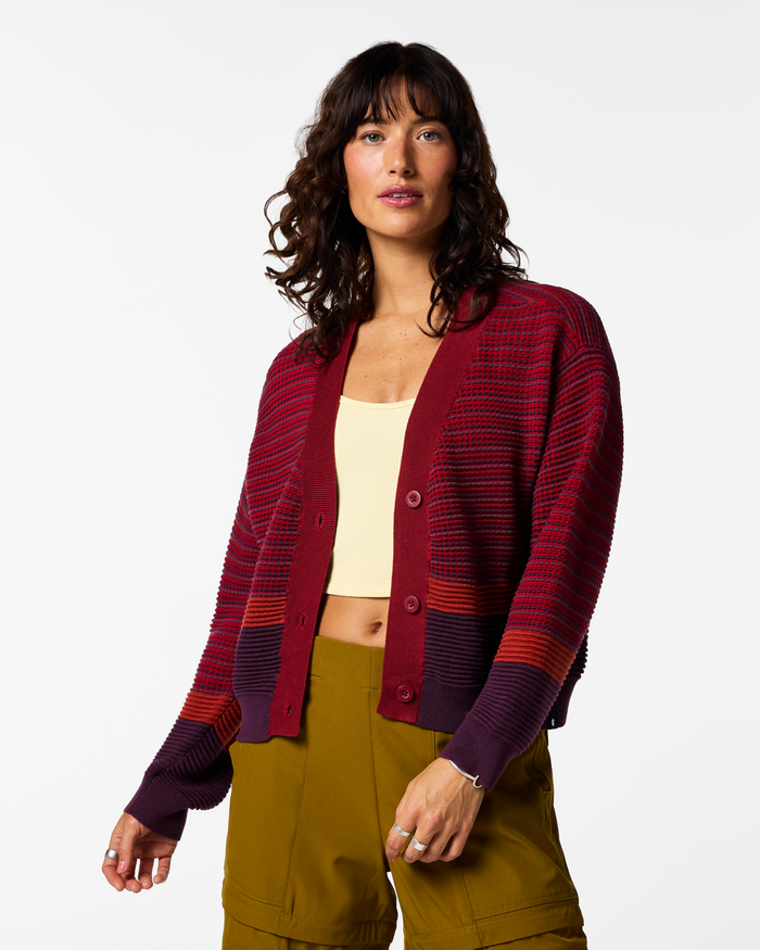 Libre Cardigan - Women's, Crimson/Acai, Model Lola