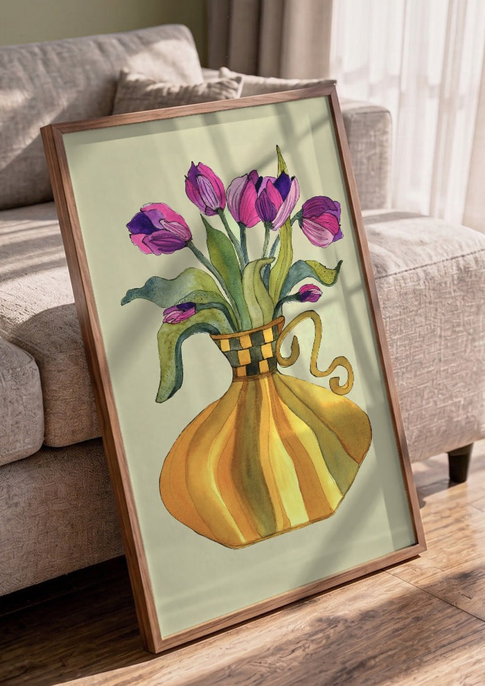 Lilac tulips by Marjorie Salvagni in a walnut frame leaning against a grey sofa