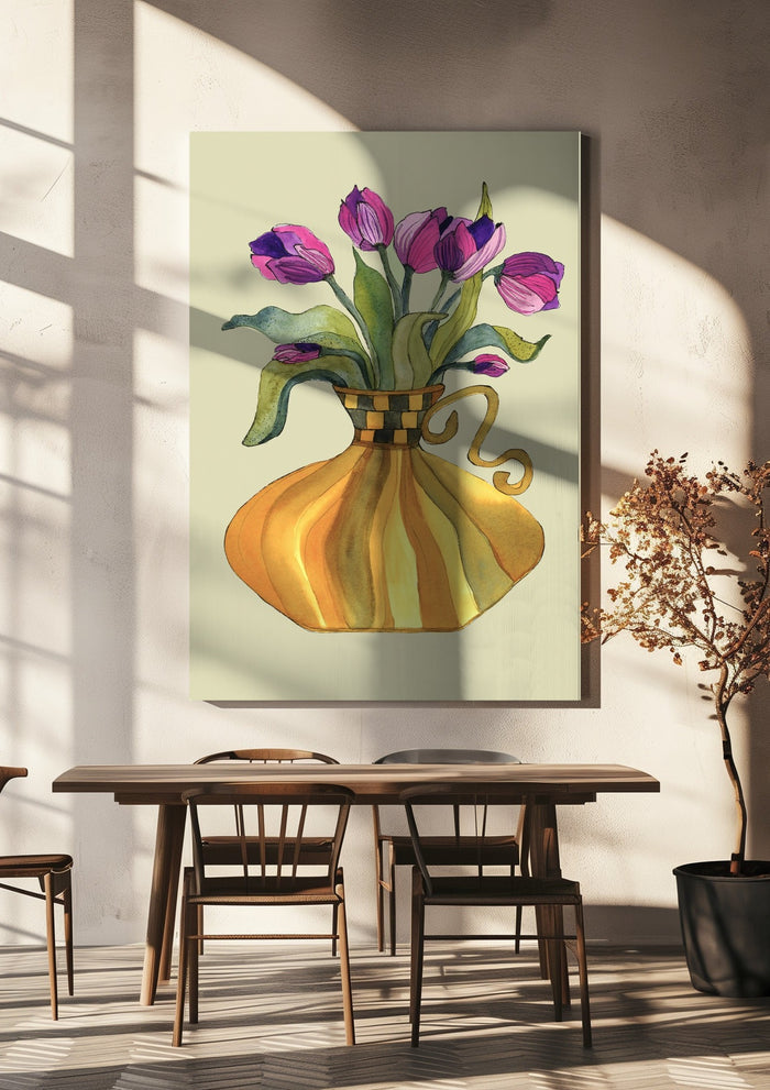 Lilac tulips by Marjorie Salvagni hanging above a wooden dining table in warm sunlight