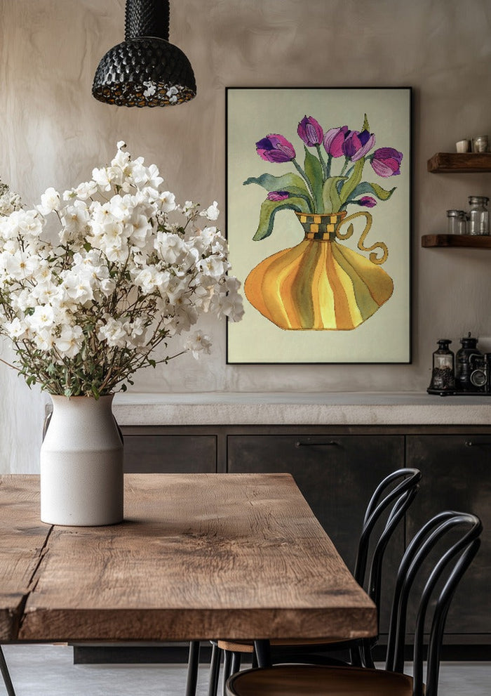 Lilac tulips by Marjorie Salvagni in a black frame above a rustic table with white flowers