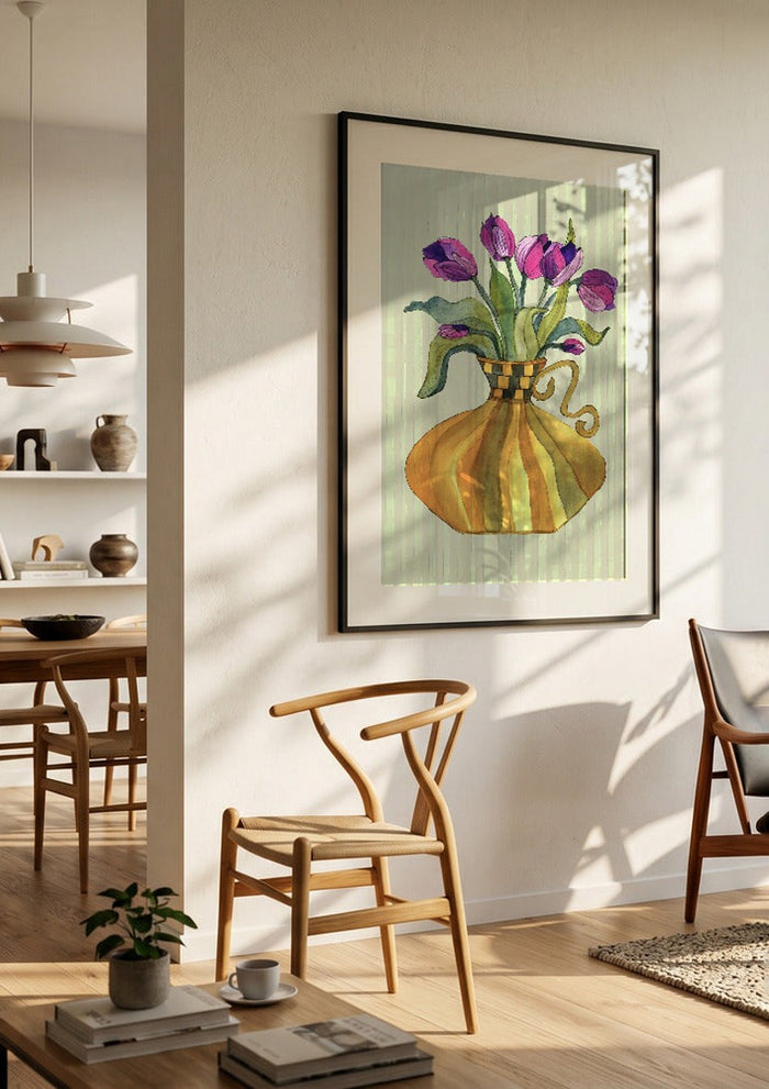 Lilac tulips by Marjorie Salvagni in a black frame in a bright dining room with wooden chairs