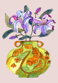 Lily by Marjorie Salvagni - lilac lilies above a green vase with copper leaves