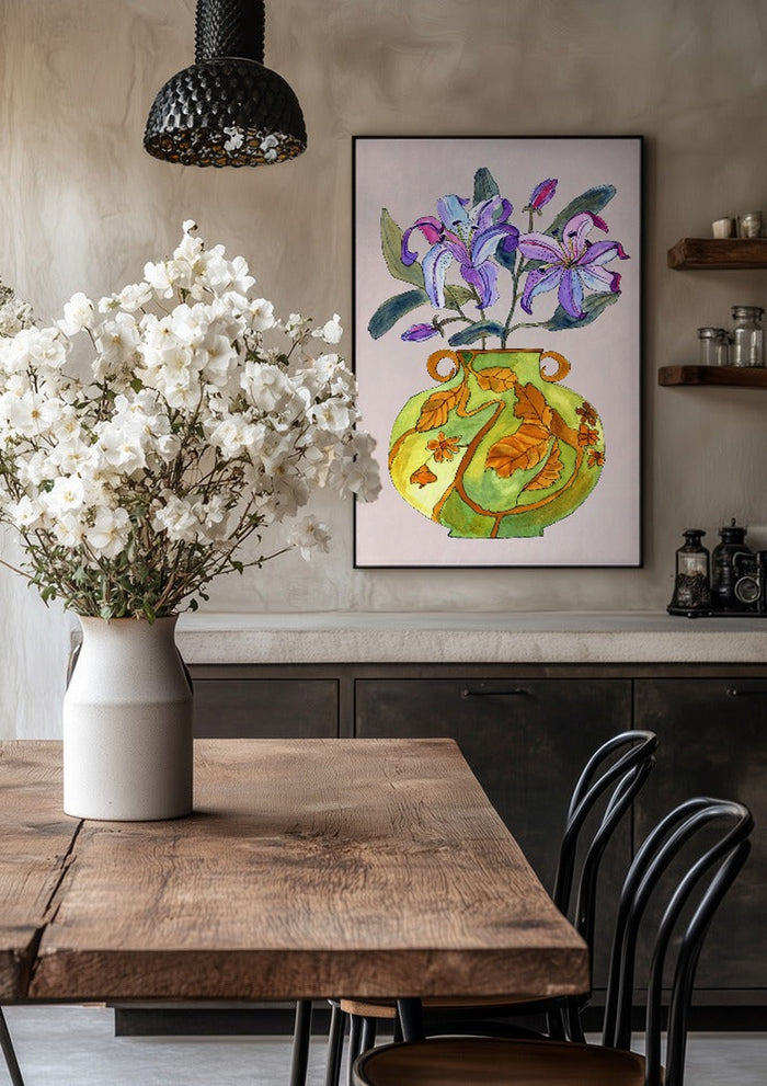 Lily by Marjorie Salvagni in a black frame above a rustic table with white flowers