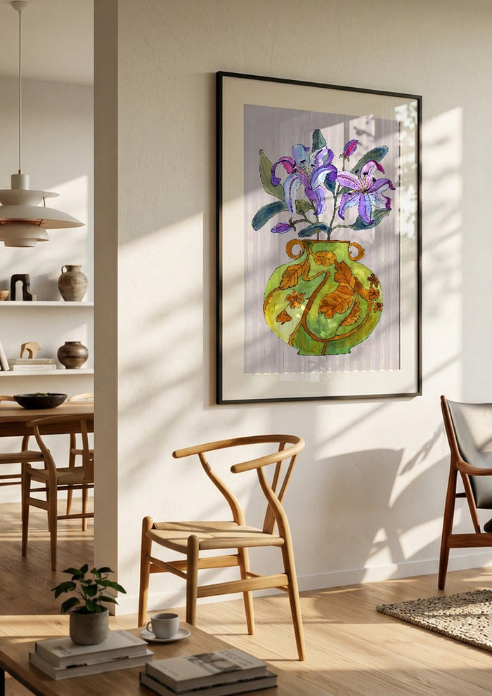Lily by Marjorie Salvagni in a black frame in a bright dining room with wooden chairs