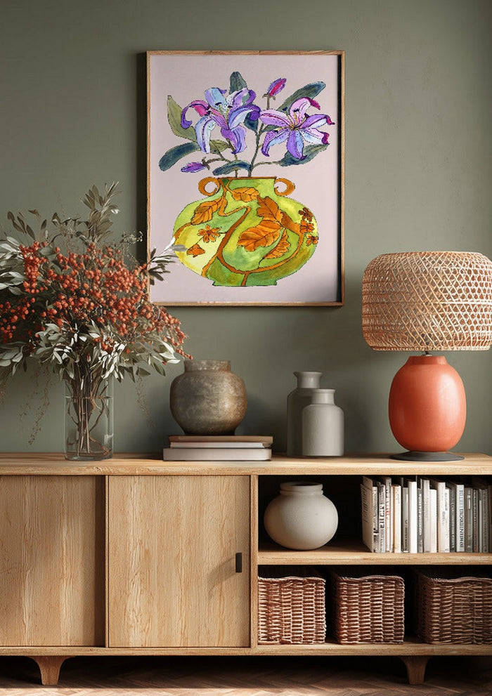 Lily by Marjorie Salvagni above a wooden sideboard on a sage green wall