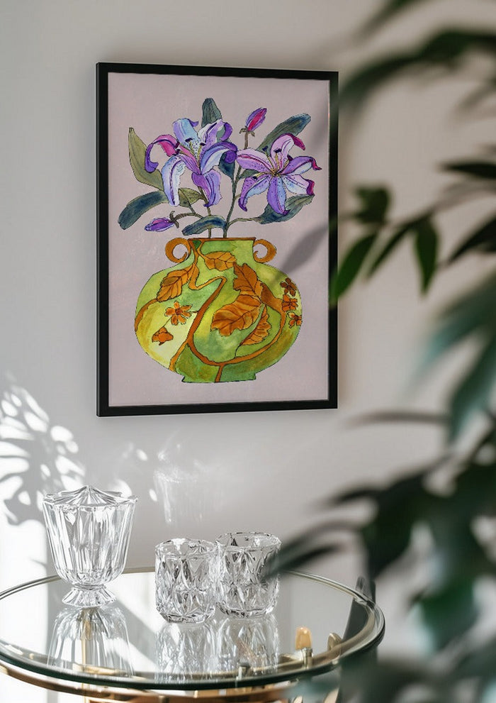 Lily by Marjorie Salvagni in a black frame above a glass table with crystal glassware