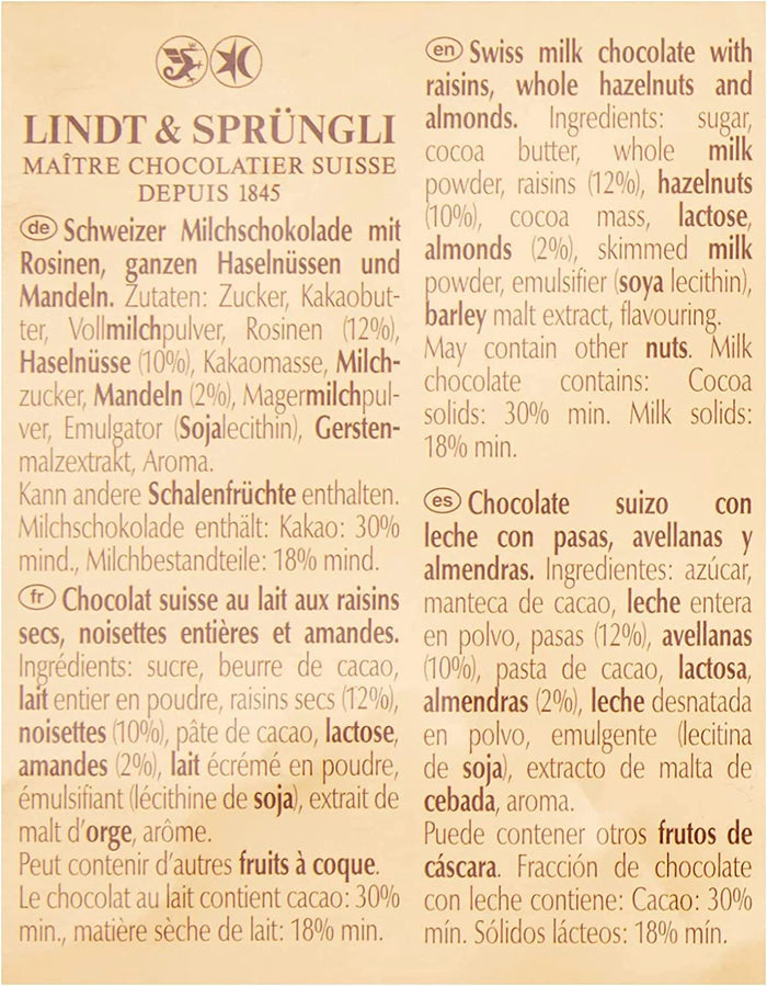 Lindt Gold Milk Hazelnut & Raisin Bar 300g