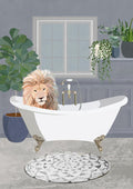Illustration of a lion in a white bathtub, surrounded by plants, from "Lion takes a bath" by Sarah Manovski.