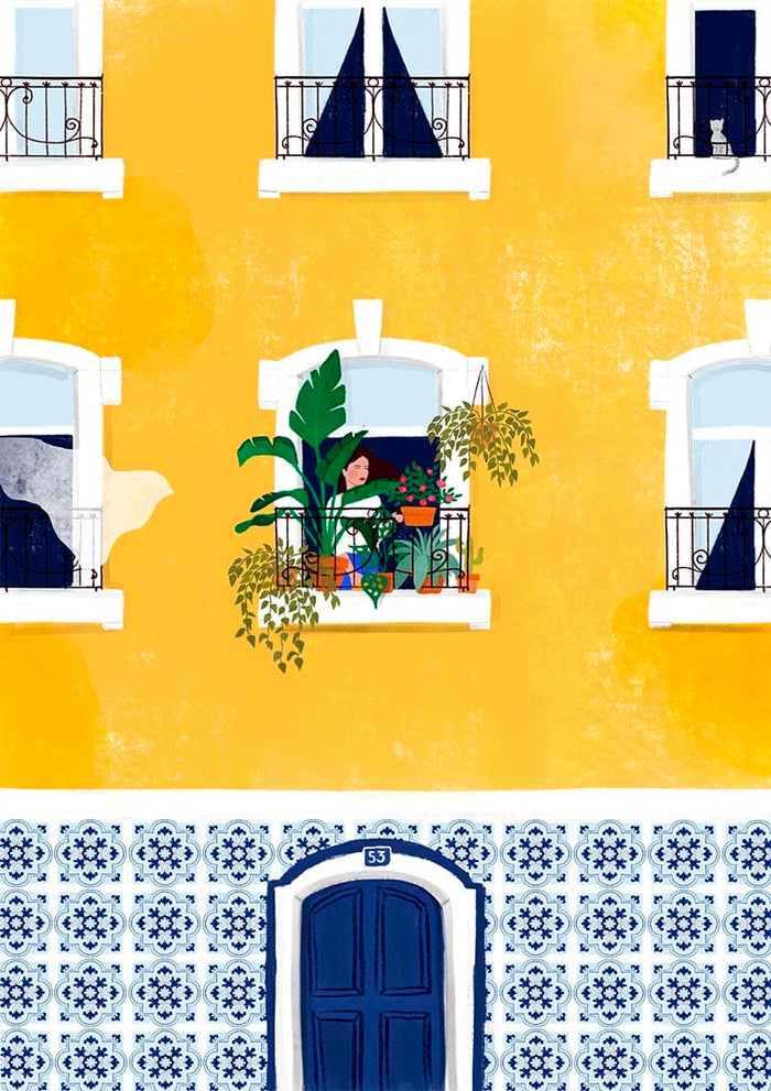 Illustration of a yellow Lisbon building with blue door, tiled facade, balconies, and plants on the window ledge.