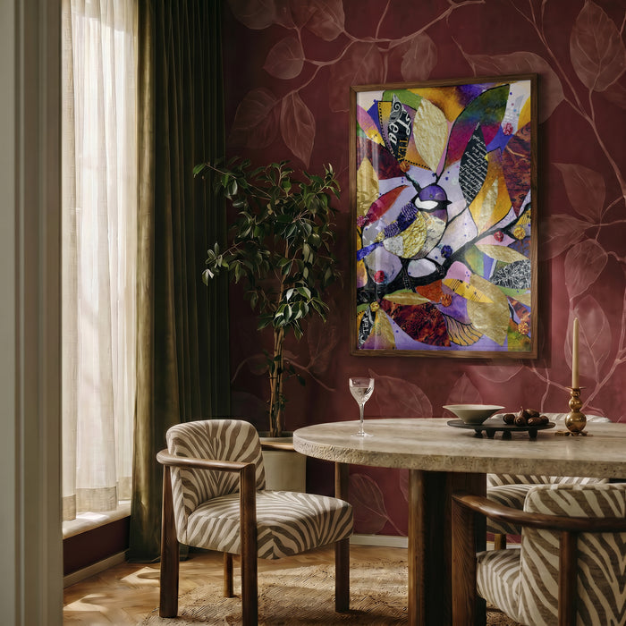 Little Tit in November by Enikő Marosváry-Kramcsák framed on a deep red patterned wall