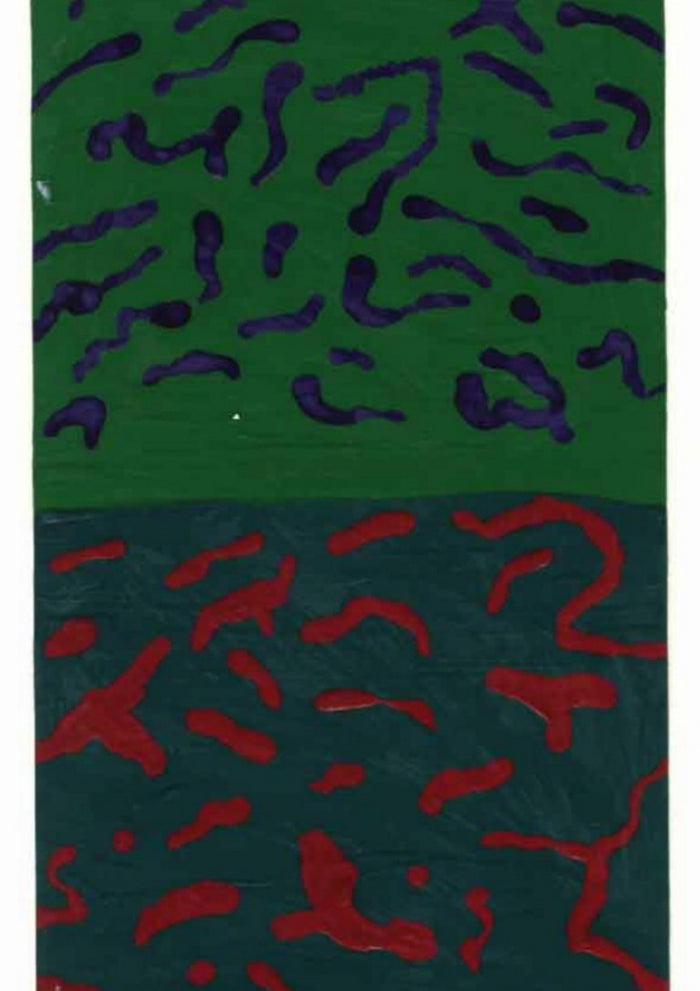 Living Creatures by rainbowuniverse - purple and red brushstrokes across two fields of green