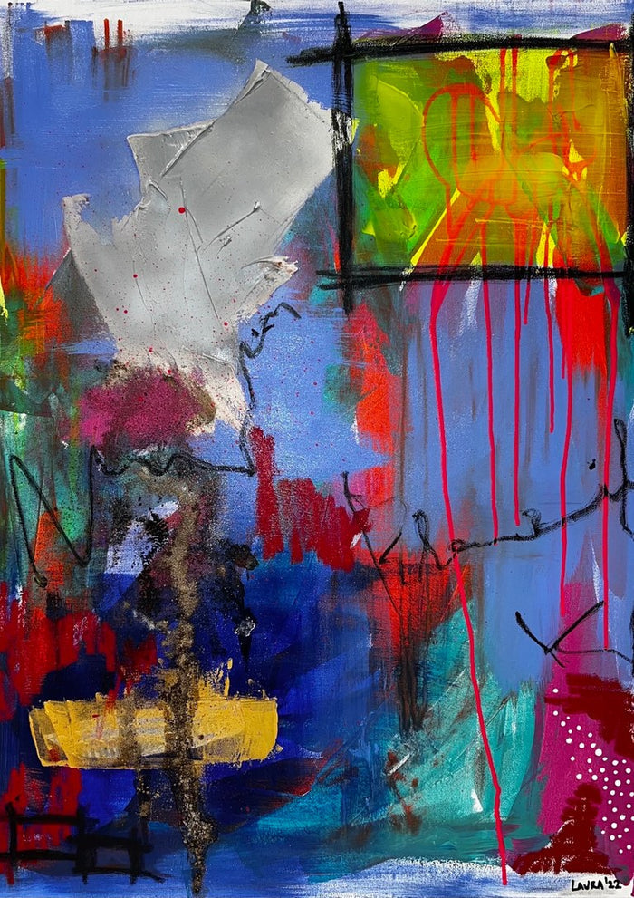 Living in Blaricum I by Laura Notari - lime square dripping red into periwinkle blue with black marks