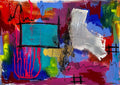 Living in Blaricum II by Laura Notari - turquoise square on red and cobalt with silver shapes and black scribbles
