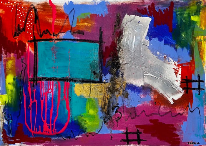 Living in Blaricum II by Laura Notari - turquoise square on red and cobalt with silver shapes and black scribbles