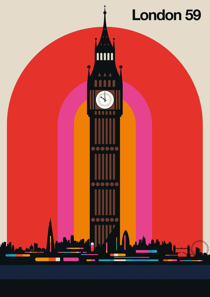 London 59 by Bo Lundberg - Big Ben and the London skyline against a red, pink and orange arch
