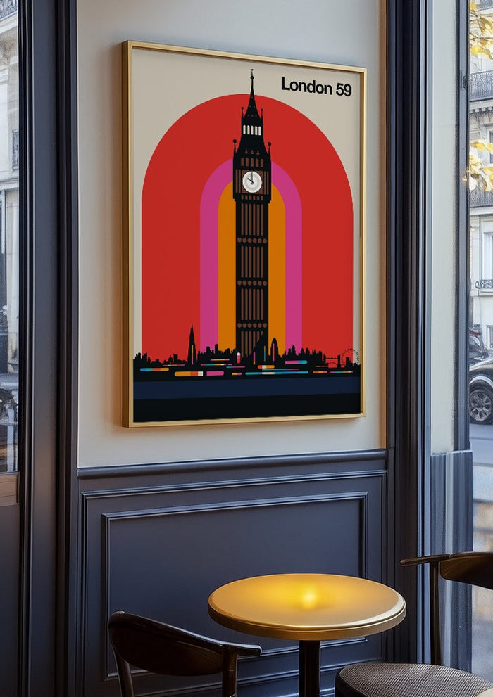London 59 by Bo Lundberg in an oak frame on a panelled café wall