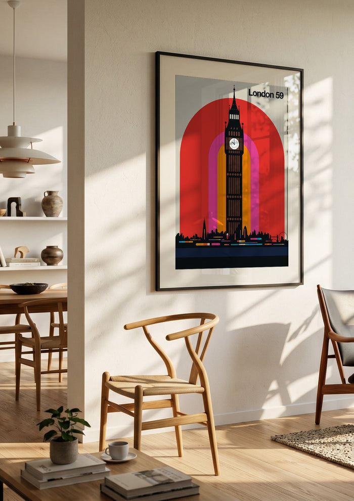 London 59 by Bo Lundberg in a black frame in a bright dining room with wooden chairs