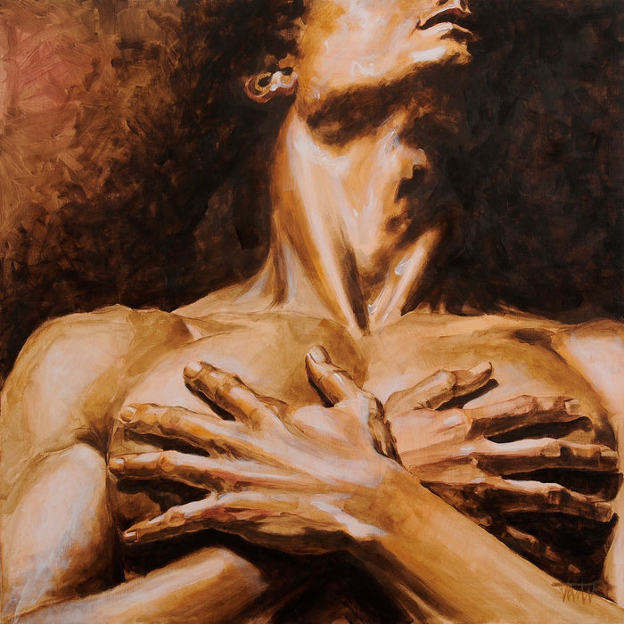 Longing by VanW - four spread hands crossed over a lit chest and throat against brown and near black