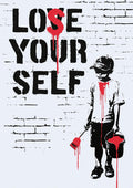 Lose Yourself by Dikhotomy — stencil boy with a red paint bucket beside dripping black lettering on a brick wall