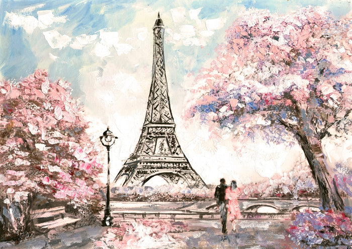 Romantic couple walks near Eiffel Tower, surrounded by blooming pink trees, on the Love in Paris Plakat.