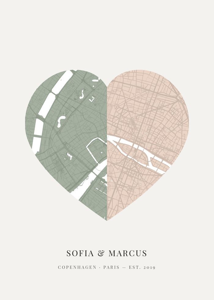 Love Map poster: two city street maps forming one heart, sage green and dusty blush, with names and a line of text below