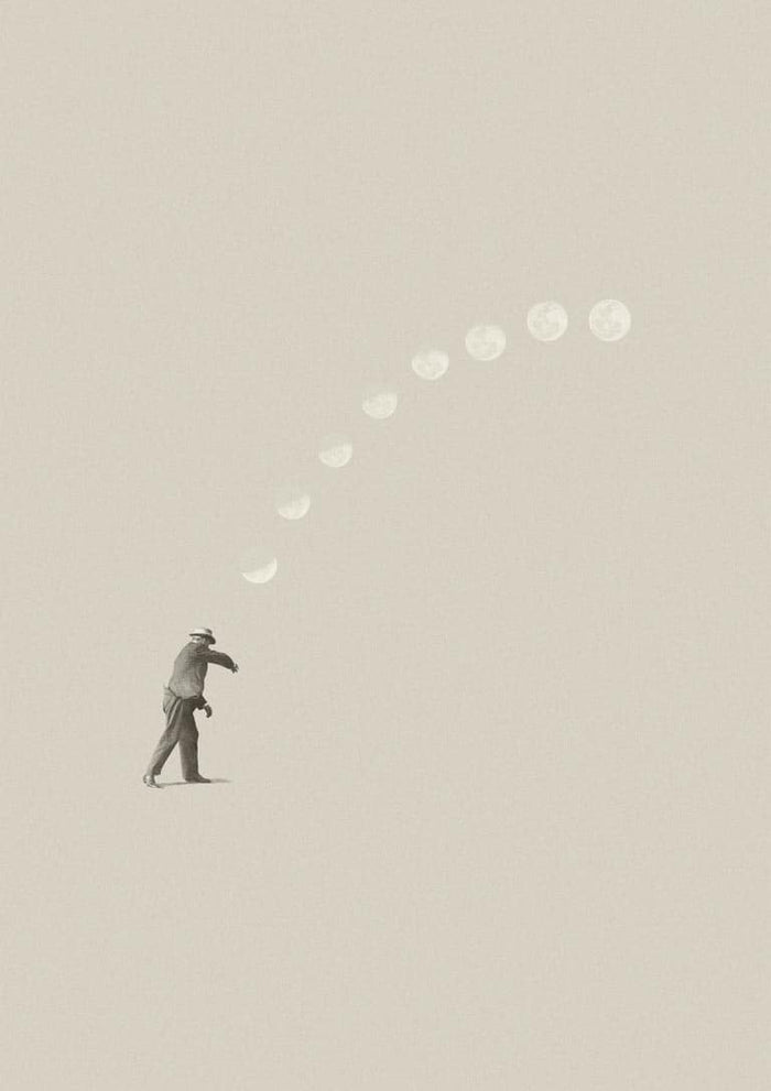 A man tossing a white ball in an arc, minimalistic style. Product: Lucky shot by Maarten Léon.