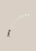 A man tossing a white ball in an arc, minimalistic style. Product: Lucky shot by Maarten Léon.