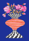 Lush Magnolia by Marjorie Salvagni - pink magnolias on gold branches above a striped vase