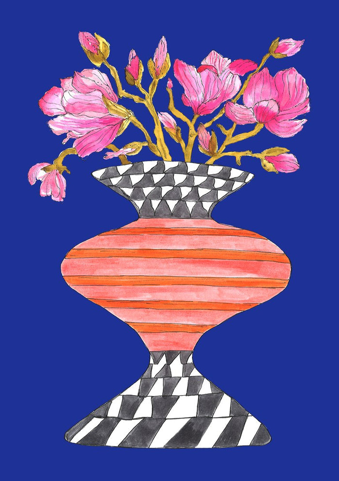 Lush Magnolia by Marjorie Salvagni - pink magnolias on gold branches above a striped vase
