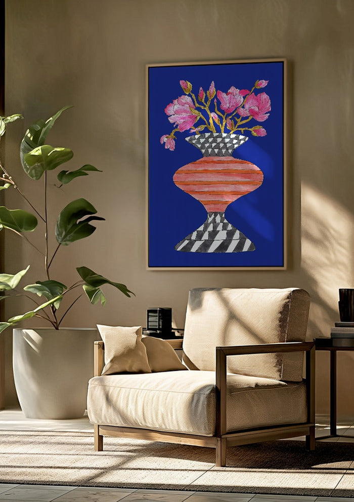 Lush Magnolia by Marjorie Salvagni framed above a beige armchair beside a potted plant