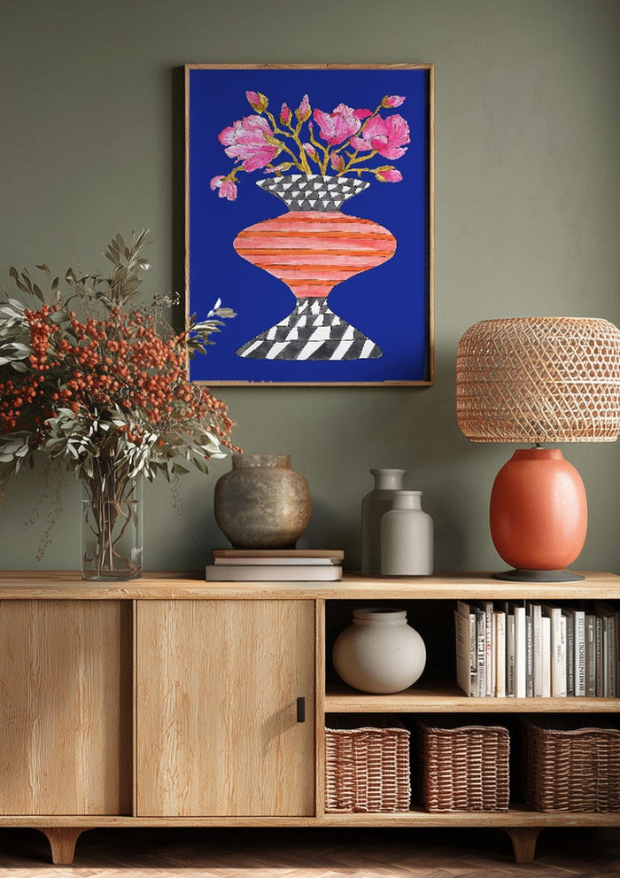 Lush Magnolia by Marjorie Salvagni above a wooden sideboard on a sage green wall