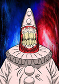 MacMafia volume 1 by Euan MacKenzie - Pierrot clown with a gaping mouth of teeth on a blue and red background