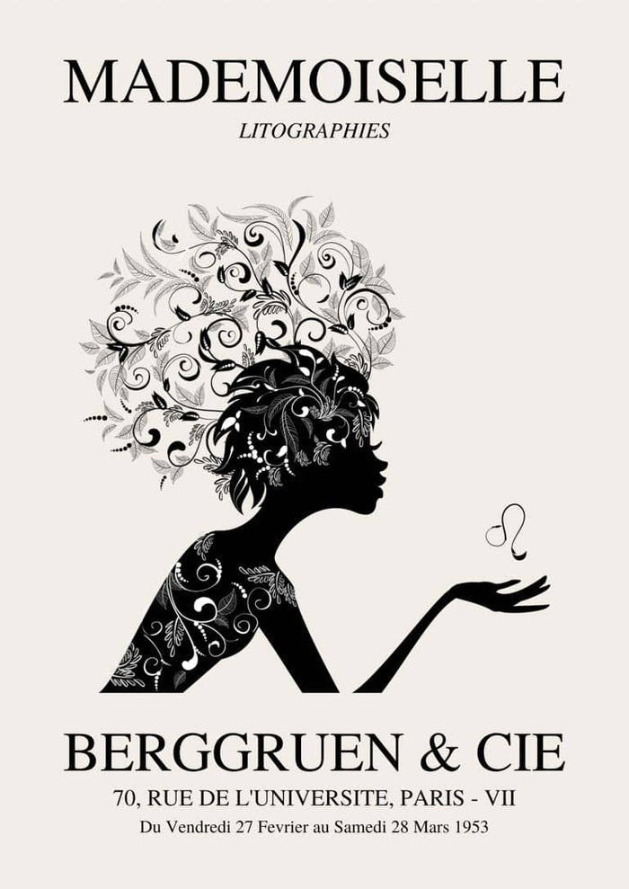 Poster for Mademoiselle exhibition #1 featuring a floral silhouette of a woman and event details in Paris, 1953.