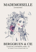Mademoiselle exhibition #2 poster featuring an illustrated woman with flowers and event details in French text.