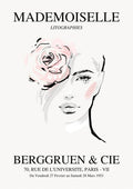 Poster for Mademoiselle exhibition #3 featuring a minimalist female portrait with a large pink rose.