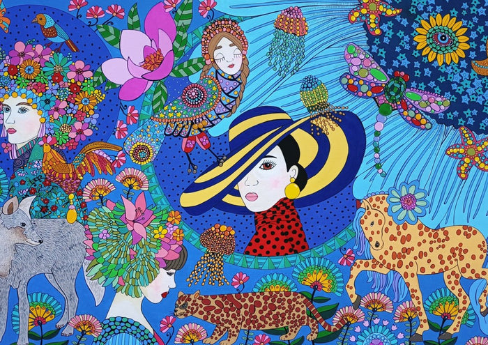 Marahaba la vie by Lucrezia Solena - three women, a wolf, a leopard and a horse among flowers on flat blue