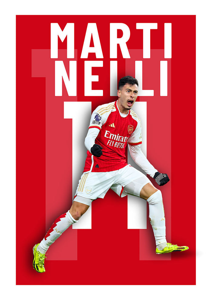 Poster of Martinelli in an Arsenal kit celebrating, with his name and number 11 in bold white text.