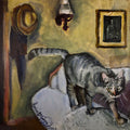 Mathilda by Mariam De Giorgio - a grey tabby on an armchair back against an ochre wall with a straw hat