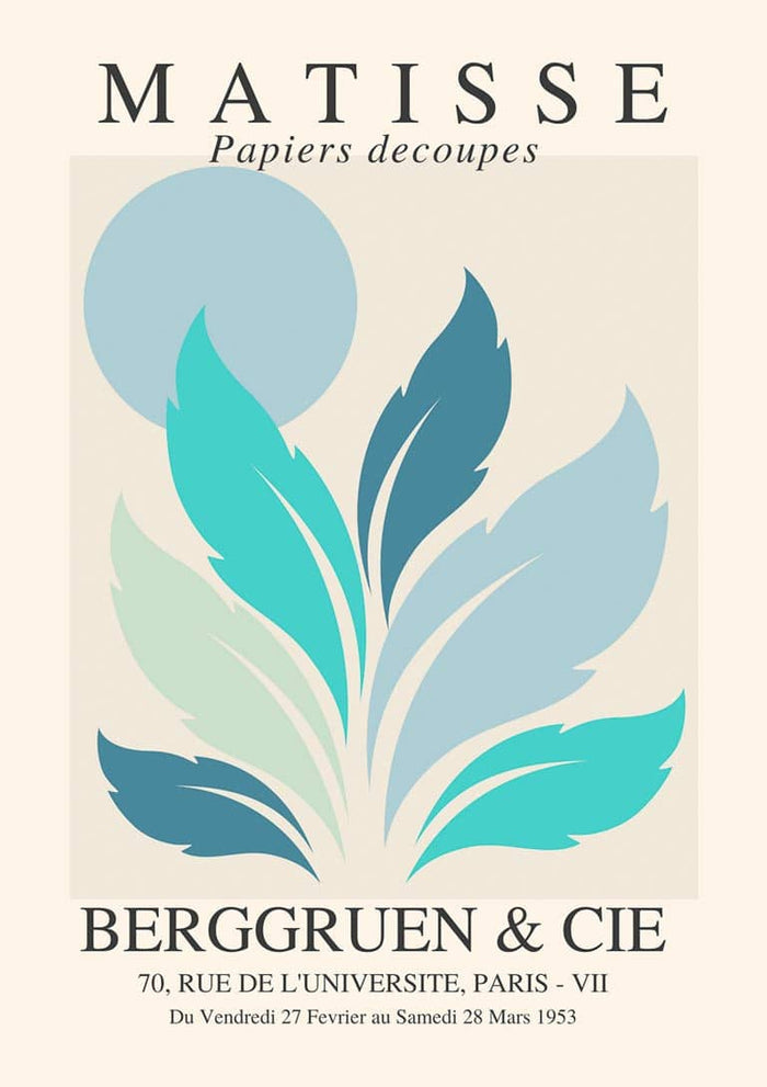 Abstract blue and teal leaf shapes with a circular sun, inspired by Matisse, on a beige background.