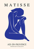 Minimalist blue cutout poster of a seated nude figure inspired by Matisse, with elegant typography.