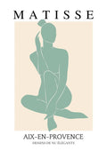 Minimalist green cut-out artwork of a seated nude woman in Matisse style on a beige background.