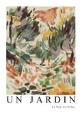 Abstract garden scene with colorful brushstrokes, inspired by Matisse; "Un Jardin" text below.