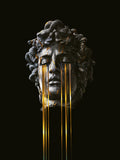 Surreal sculpture of Medusa’s head with golden streaks streaming from her eyes on a black background.