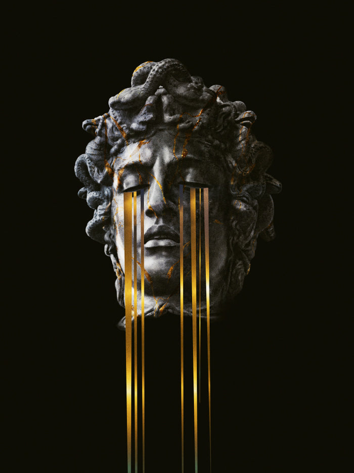 Surreal sculpture of Medusa’s head with golden streaks streaming from her eyes on a black background.