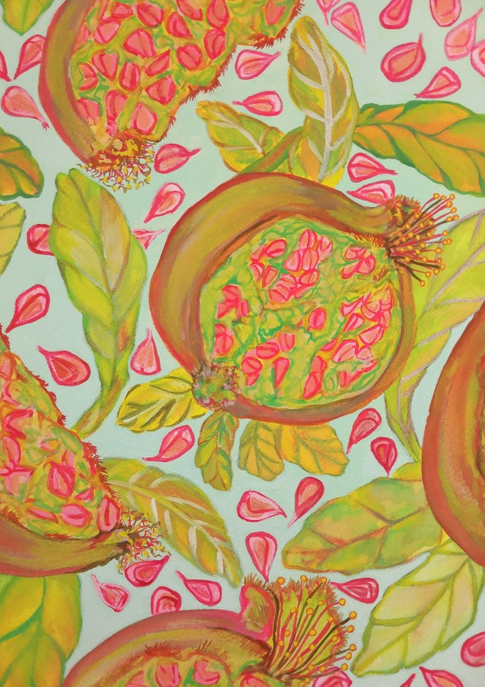 Melagrana con chicchi by Maria Emanuela Fiori - pomegranates full of pink seeds on a pale mint ground