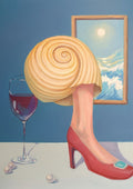Memory of a conch girl by NeReid - golden spiral shell on a leg in a red high heel beside red wine and pearls