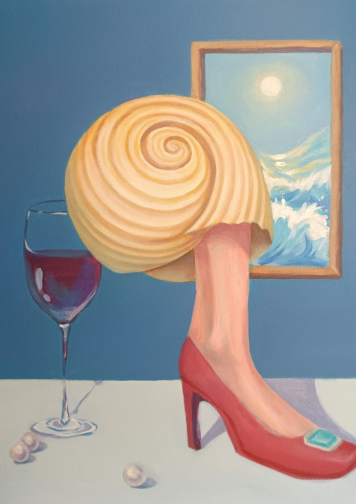 Memory of a conch girl by NeReid - golden spiral shell on a leg in a red high heel beside red wine and pearls